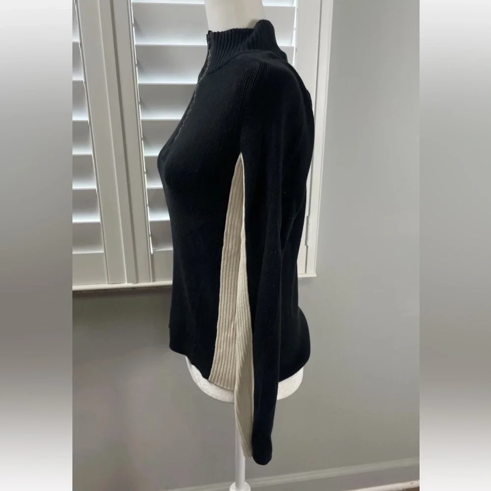 90s DKNY active fitted 2 tone quarter zip pullover sweater black‎ ivory Ribbed M